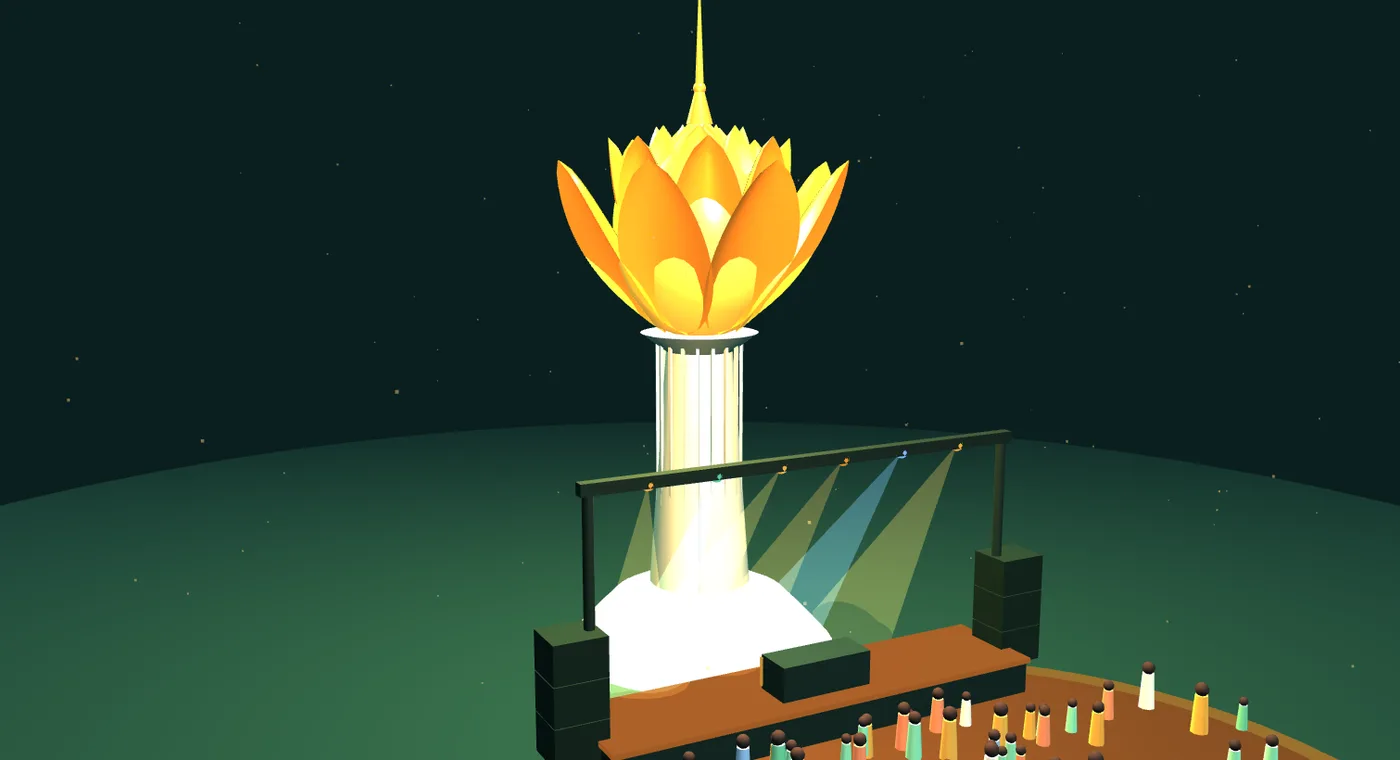 The Lotus Tower lit above the festival stage